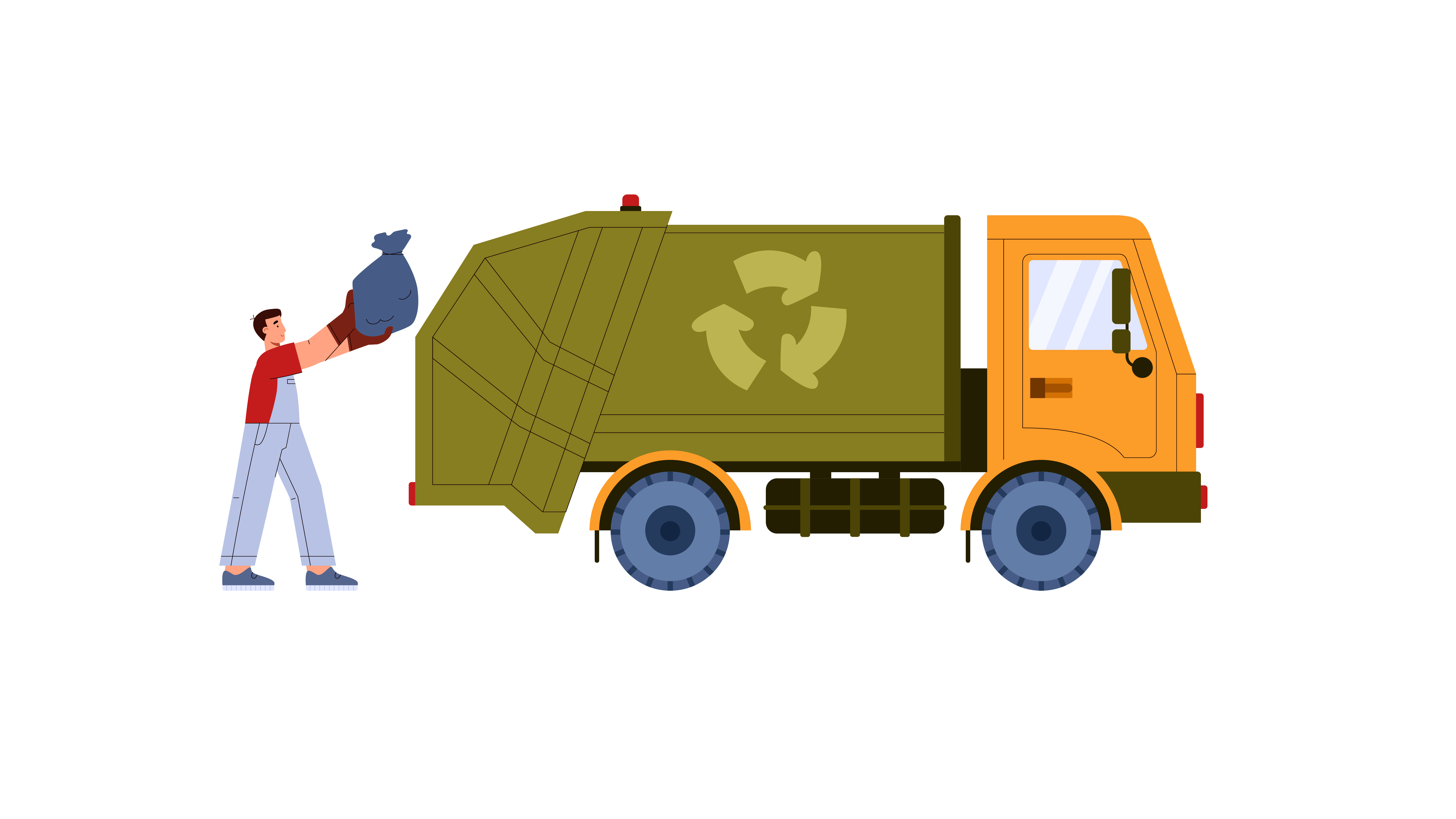 A person in red shirt and blue pants throws a trash bag into a green garbage truck with recycling symbols on the side.