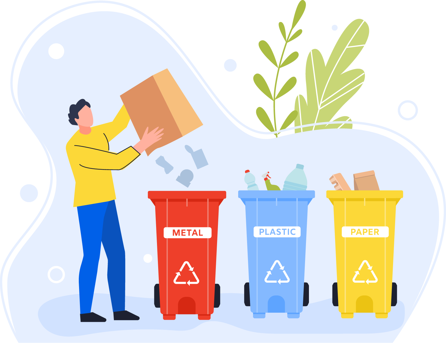 An illustration of a person recycling, placing items into red, blue, and yellow bins labeled metal, plastic, and paper. Plants are in the background, promoting an eco-friendly environment.